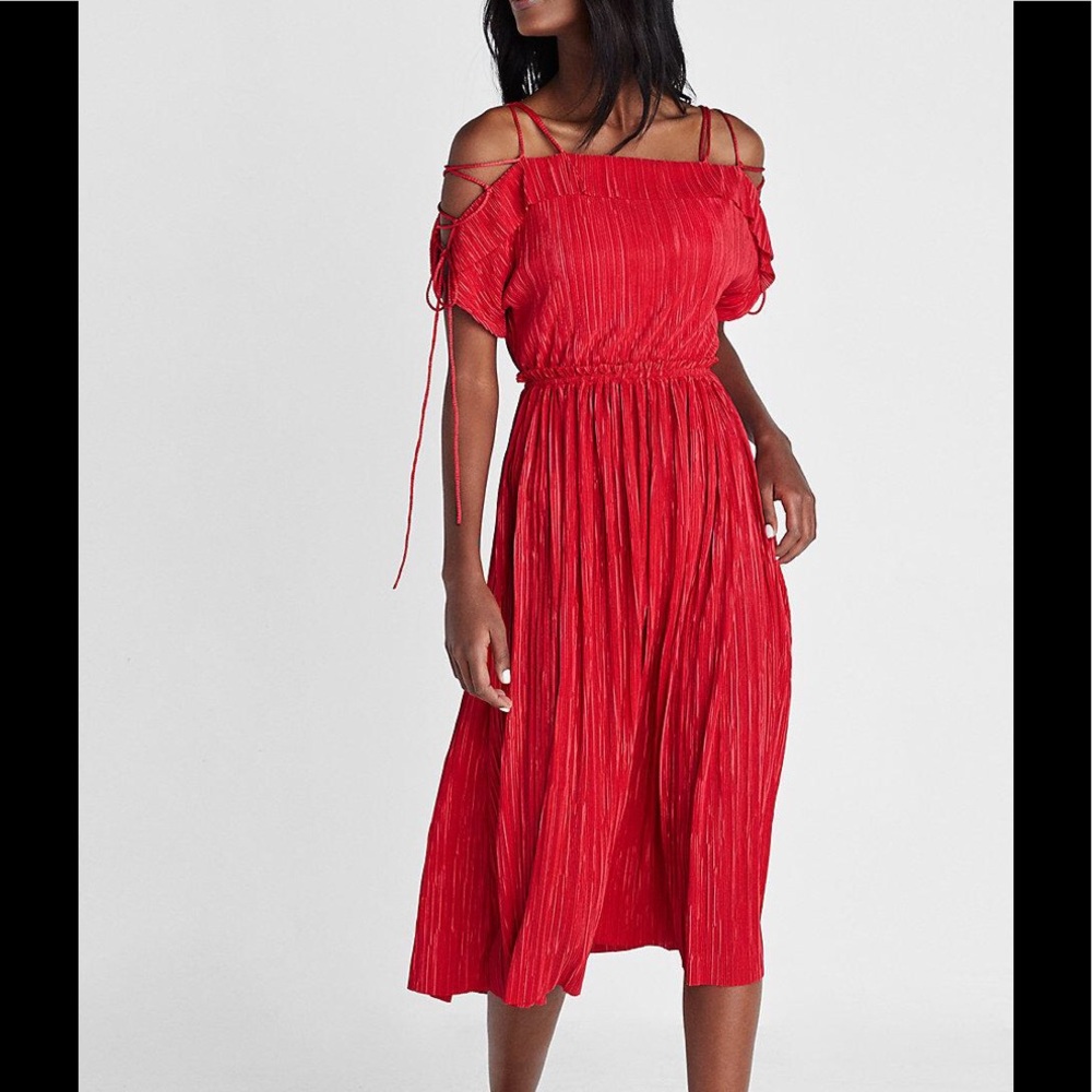 Pleated Lace-Up Cold Shoulder Midi Dress